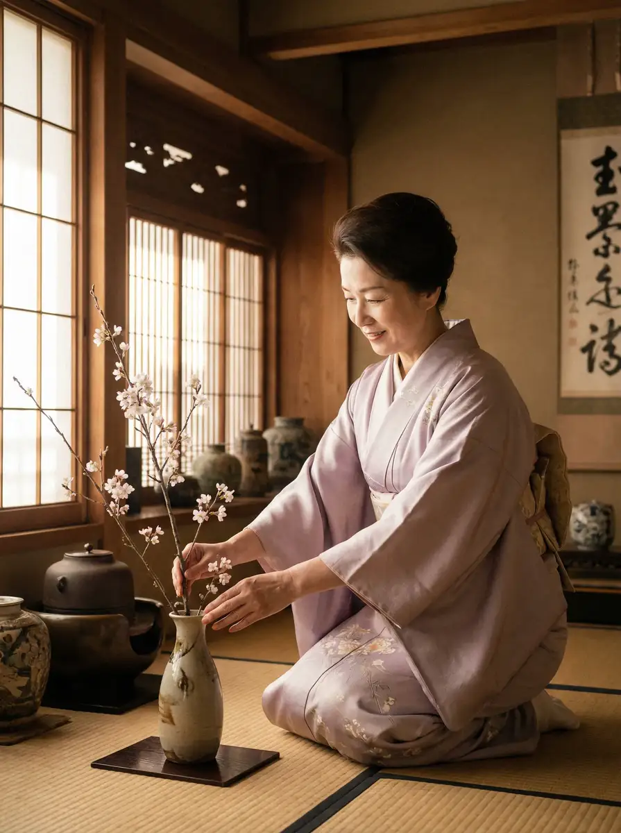 一位优雅的 幸福花园在线观看 在和室中插花